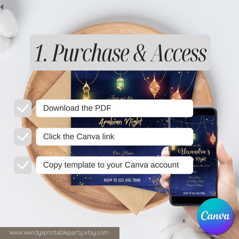 May include: An invitation design for an Arabian Nights themed party. The design features a dark blue background with gold accents and hanging lanterns. The image includes instructions for downloading the PDF, clicking the Canva link, and copying the template.