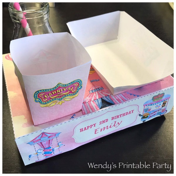 Modèle PDF Pink Carnival Party Food Lunch Box w/ Hotdog Tray & Popcorn Box (Imprimable par vous/diy Dimensions/détails du produit dans la description