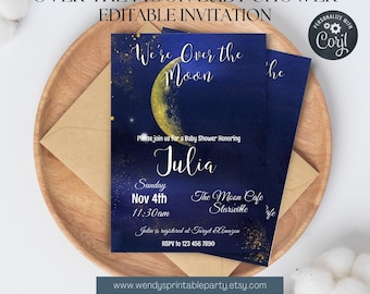 Moon & Stars Baby Shower Invitation, Over the Moon Shower, Twin Moons, Twinkle Little Star, Unisex theme, EDITABLE Corjl Instant Download