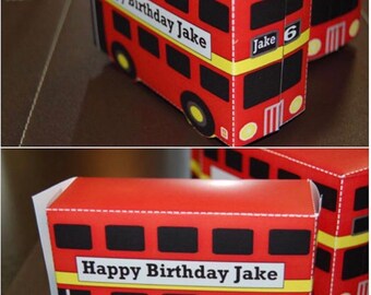 PDF-Vorlage für personalisierte Red Bus Gunst Box Details und Größe in der Auflistung, London / Coronation Party / Union Jack