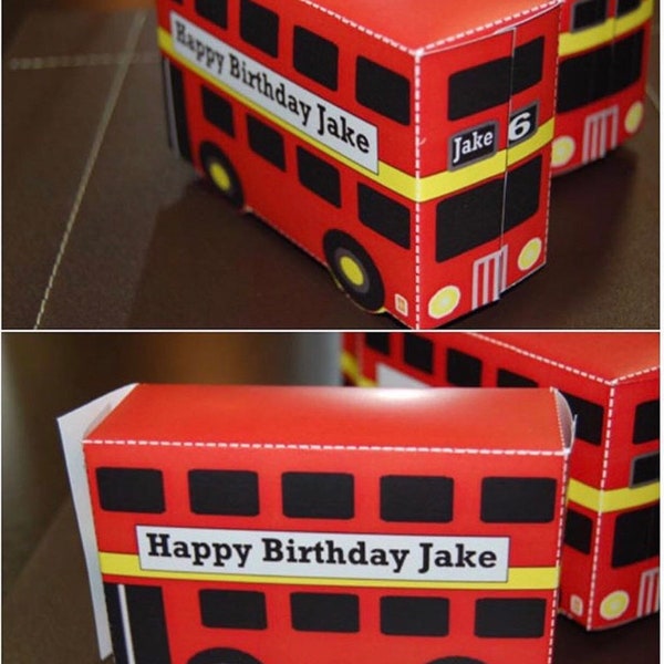 Modèle PDF de la boîte cadeau personnalisée Red Bus (imprimable par vous-même et à faire soi-même) détails et taille dans la fiche produit, Londres / Coronation Party / Union Jack