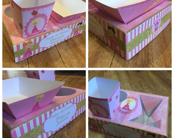 PDF template Princess Party Food Lunch Box w/ Hotdog Tray & Popcorn Box (Printable by you /DIY) product details in description pink and gold