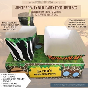 May include: Printable PDF template for a jungle-themed party food lunch box. The box is designed to hold a hot dog tray, popcorn, and other snacks. The box is decorated with a zebra print, green leaves, and a tiger print. The box is labeled "Jacob's Really Wild Party!" and includes instructions for assembly.