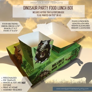 PDF template Dinosaur Theme Party Food Lunch Box w/ Hotdog Tray & Popcorn Box (Printable by you/DIY) size product details in description