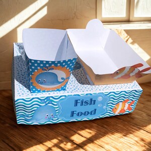 PDF テンプレート 海の生き物をテーマにしたパーティーフードランチボックス（ホットドッグトレイとポップコーンボックス付き）（自分で印刷可能/DIY）海中、人魚パーティー、クジラ