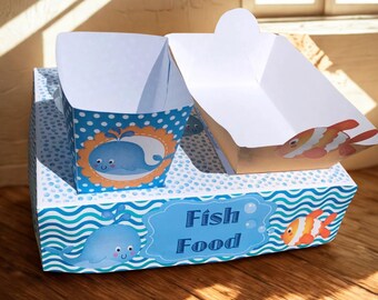 PDF Vorlage Meerestier Thema Party Essen Lunch Box w/ Hotdog Tablett & Popcorn Box (selbst ausdruckbar) unter dem Meer, Meerjungfrau Party, Wal
