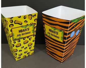 PDF template Personalized Safari Themed Mini Popcorn Box (DIY / printable by you) see listing for description / animal print, Jungle Party