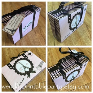 PDF template Paris / Eiffel Tower Themed Suitcase Treat Box with personalized gift tag (Printable & diy) (see description for details)