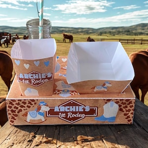 Modello PDF per il pranzo al sacco per la prima festa del rodeo/cowboy con vassoio per hotdog e scatola per popcorn (stampabile da te) - Compleanno nel selvaggio West, paese e western