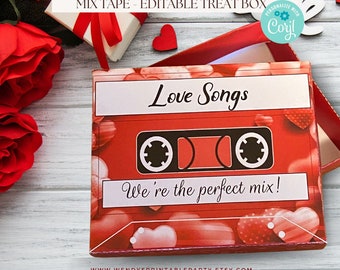 BEARBEITBAR - Valentines Cassette Tape / MixTape Treat Box, Unser Song, Liebeslieder, 80er Jahre Candy Favor Box, Retro, Disco - printable by you - Corjl