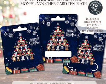 May include: Dog-themed Christmas money/voucher card template. The cards feature a dark blue background with a Christmas tree made of dogs wearing Santa hats. The cards have the text "Merry Christmas" and are decorated with snowflakes and gift boxes.