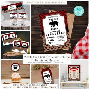 Lumberjack First Birthday printable set. With red and black plaid background and brown with black bears baby bear images.  Baby Boy party set . Inc invitation, welcome sign, thankyou card, gift tags, banner water bottle labels. Edit Corjl.