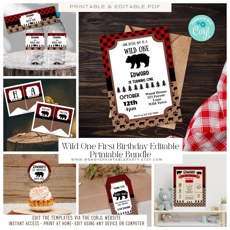 Lumberjack First Birthday printable set. With red and black plaid background and brown with black bears baby bear images.  Baby Boy party set . Inc invitation, welcome sign, thankyou card, gift tags, banner water bottle labels. Edit Corjl.