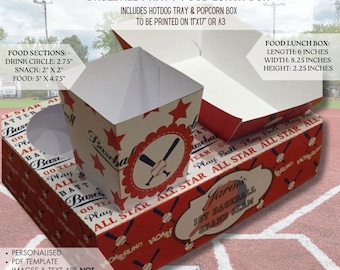 Modèle PDF Boîte à lunch de nourriture de fête sur le thème du baseball avec plateau à hot-dogs et boîte de maïs soufflé (à imprimer par vous) jeu des étoiles, coup de circuit, sport d'anniversaire