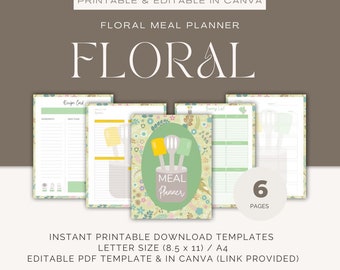 Floral Theme Meal Planner Bundle Editable On Canva Instant Digital Download Printable Dinner, Breakfast, Grocery List Recipe Card Organizer