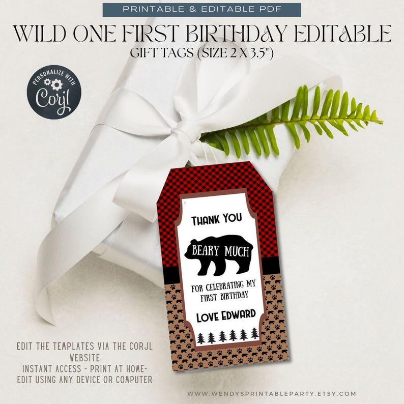 Lumberjack First Birthday printable set. With red and black plaid background and brown with black bears baby bear images.  Baby Boy party set . Inc invitation, welcome sign, thankyou card, gift tags, banner water bottle labels. Edit Corjl.