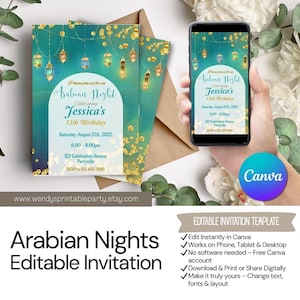 Arabian Nights Themed Invitation, Moroccan Wedding, Turkish Lamps, Elegant, Teen Birthday, bridal shower Instant Download, EDITABLE Canva
