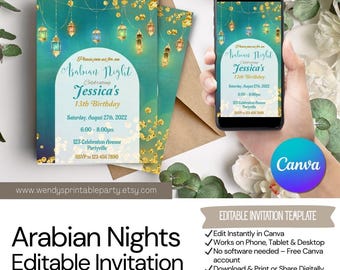 1001 Nacht Einladung, marokkanische Hochzeit, türkische Lampen, elegant, Teen Geburtstag, Brautparty, Instant Download, EDITIERBARE Canva