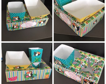PDF template Tropical Themed Party Food Lunch Box with Hotdog Tray & Popcorn Box (Printable by you/DIY) - Dimensions/details in description