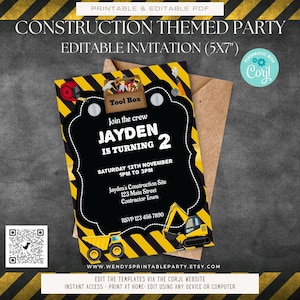 May include: A black and yellow construction themed birthday party invitation for a boy turning two. The invitation features a cartoon image of a tool box, a dump truck, and an excavator. The text on the invitation reads "Join the crew Jayden is turning 2".