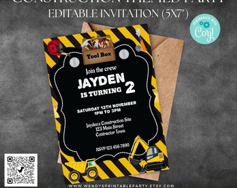 Construction Birthday Party Invitation, Tool Box, Excavator Digger, Building Site, Boy Under construction, EDITABLE Corjl Instant Download