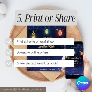 May include: An Arabian Night invitation design with a navy blue background, gold accents, and hanging lanterns. The invitation is displayed on a wooden tray with a brown envelope. The text reads "Print or Share" and "Arabian Night". A smartphone displays the invitation.