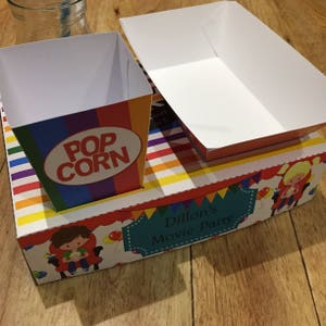 This personalized, DIY / "PRINTABLE BY YOU" colourful rainbow striped children's movie Themed Party Food Lunch Box together with matching HotdogTray & Popcorn Box would be perfect for any movie themed party or movie night!