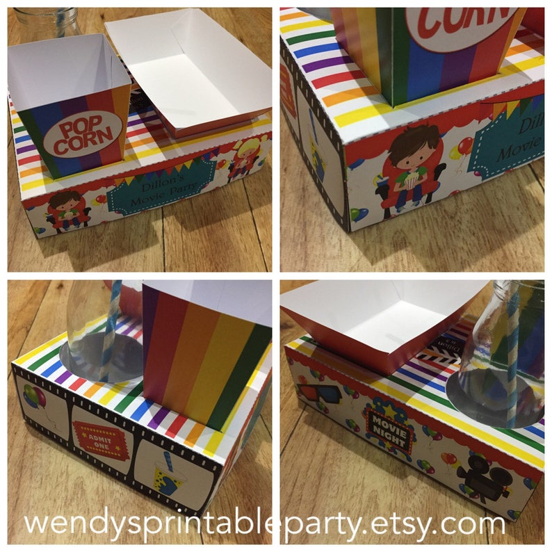 This personalized, DIY / "PRINTABLE BY YOU" colourful rainbow striped children's movie Themed Party Food Lunch Box together with matching HotdogTray & Popcorn Box would be perfect for any movie themed party or movie night!