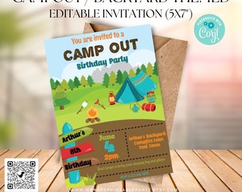 Campout Birthday Party Invitation, Camping Party, Backyard Birthday, Under The Stars, Adventurers, Campfire EDITABLE Corjl Instant Download