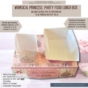 PDF template Pink Whimsical Princess Themed Party Food Lunch Box with Hotdog Tray & Popcorn Box (Printable by you /DIY) princess carriage