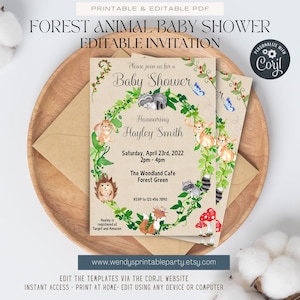 Woodland Theme Baby Shower Invitation. Text is fully editable. Has a cute Forest Animals theme with watercolour images in a neutral colour scheme perfect for gender neutral shower, birthday or gender reveal Woodland Creatures, Neutral Unisex theme
