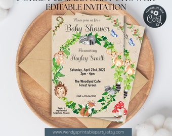 Woodland Theme Baby Shower Invitation, Forest Animals Party, Watercolour Woodland Creatures, Neutral Unisex EDITABLE Corjl Instant Download