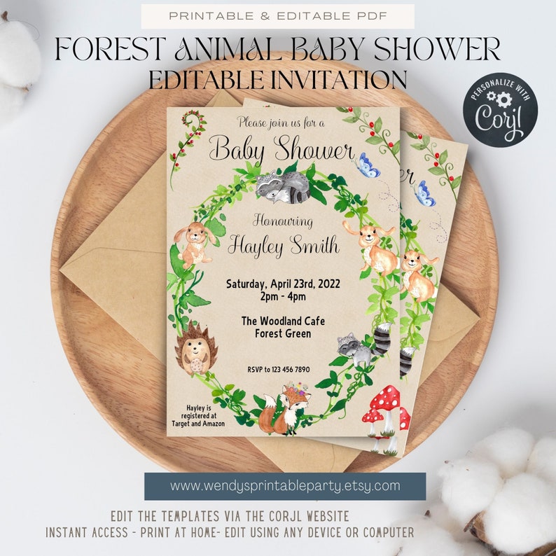 Woodland Theme Baby Shower Invitation. Text is fully editable. Has a cute Forest Animals theme with watercolour images in a neutral colour scheme perfect for gender neutral shower, birthday or gender reveal Woodland Creatures, Neutral Unisex theme
