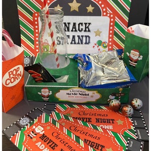 Instant Download - Christmas Movie Night / Cinema Set (Printable by you /DIY) popcorn box, snack tray, movie ticket, family film, holidays