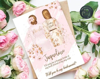 Will You Be My Bridesmaid Proposal Card, Maid of Honor Floral Pink & Gold wedding stationery, Bachelorette EDITABLE Corjl Instant Download