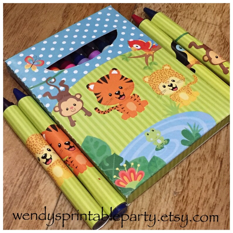 Cute Jungle Animals themed crayon box and matching crayon wrappers PDF templates. Include personalised message on the back. Great for a boy or girl jungle, explorer or craft idea school.  Includes jungle images tiger monkey parrot leopard