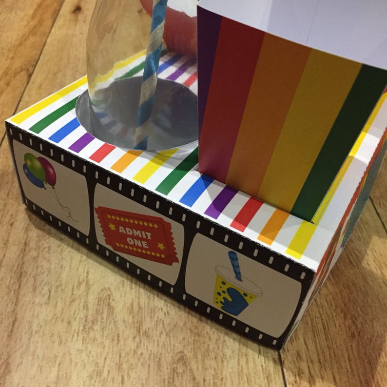 This personalized, DIY / "PRINTABLE BY YOU" colourful rainbow striped children's movie Themed Party Food Lunch Box together with matching HotdogTray & Popcorn Box would be perfect for any movie themed party or movie night!