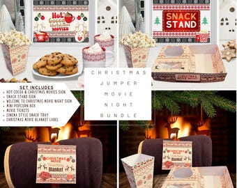 Instant Download - Christmas Jumper Movie Night Bundle / Cinema Set (Printable/DIY) Christmas Blanket, Popcorn Box, Snack Tray, Movie Ticket