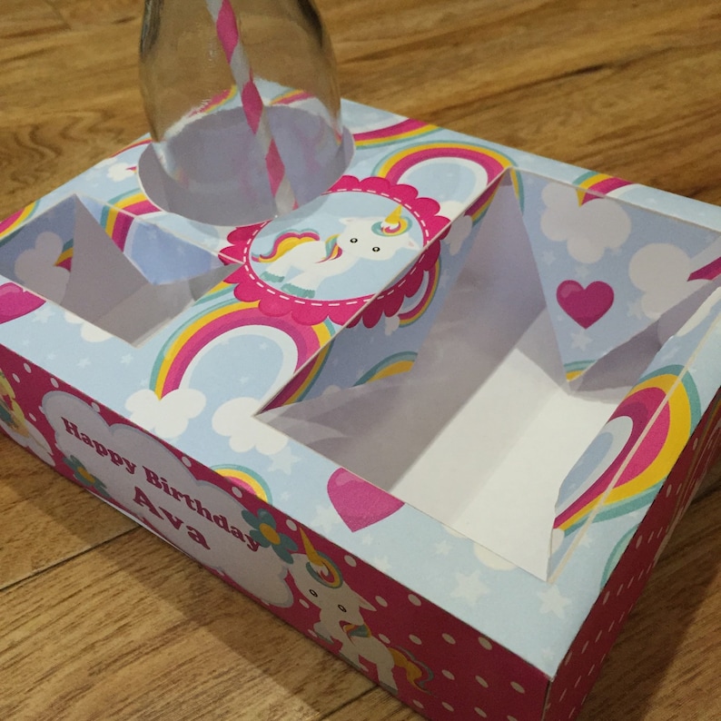 Cute Unicorn and Fairy themed party lunch box with hotdog nacho tray and popcorn box rainbow, hearts pink  images perfect for princess girl party.  snack box, concession food tray, PDF template personalise with your birthday message