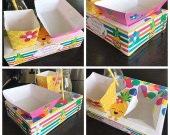 PDF template Pineapple Themed Party Food Lunch Box w/ Hotdog Tray & Popcorn Box (Printable by you /DIY) product info in description tropical