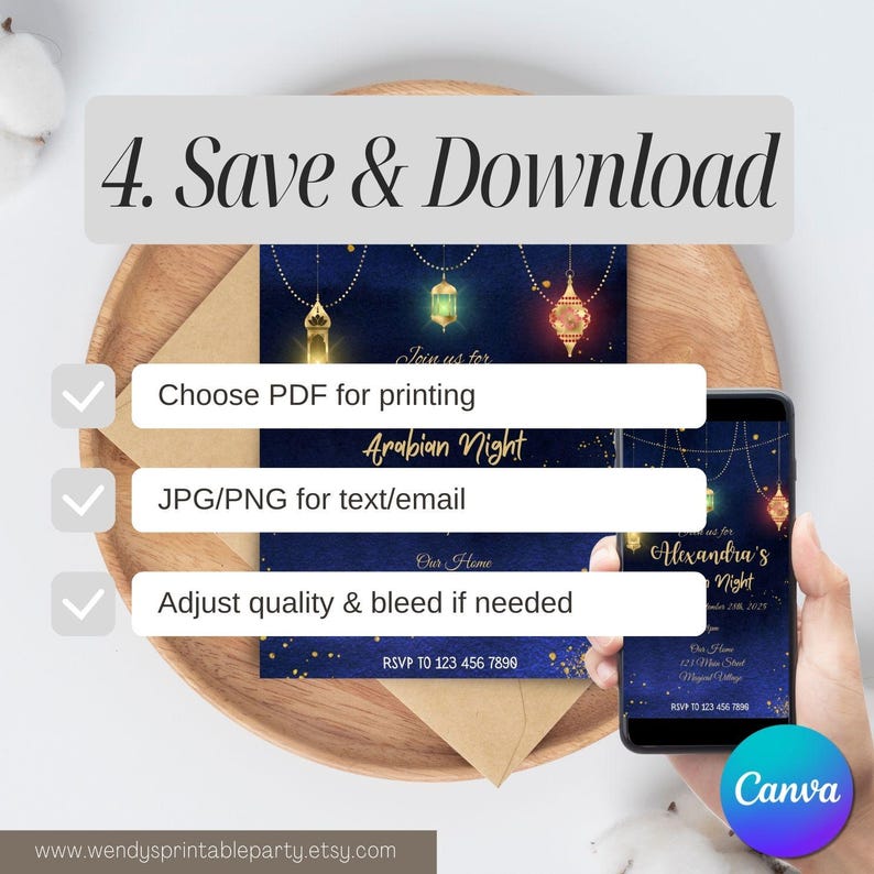 May include: An invitation design for an Arabian Night themed event. The design features a navy blue background with gold accents and hanging lanterns. The text includes "Arabian Night" and instructions for saving and downloading the design.