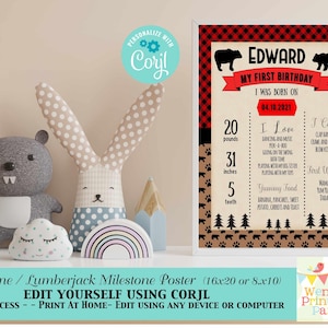 Lumberjack First Birthday printable set. With red and black plaid background and brown with black bears baby bear images.  Baby Boy party set . Inc invitation, welcome sign, thankyou card, gift tags, banner water bottle labels. Edit Corjl.