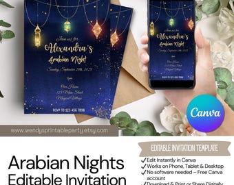 Könnte beinhalten: Ein Einladungsvorlage zum Thema Arabian Nights. Das Design zeigt einen dunkelblauen Hintergrund mit goldenen Akzenten und hängenden Laternen. Der Einladungstext ist in Gold gehalten, mit den Eventdetails. Ein Smartphone zeigt die Einladung an.