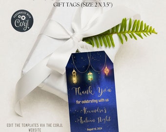 Peut inclure: Etiquette cadeau bleue et dorée avec un fond de nuit étoilée et des lanternes. L'étiquette indique "Merci de célébrer avec nous Alexandra's Arabian Night 16 août 2024".