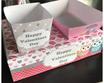 Instant Download Valentines Owl / kids Food Lunch Box w/ Hotdog Tray & Popcorn Box (Printable by you /DIY) Dimensions / info in description