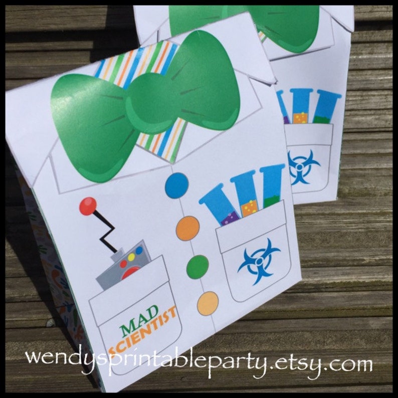 PDF template Personalized Lab Coat Treat Bag / Science Party Favor Bag (printable by you / DIY) - white lab coat with green bow tie and test tubes in pocket.  Perfect for a mad scientist, experimental, crazy little scientist birthday