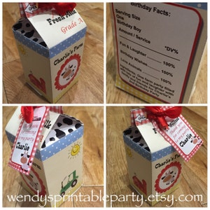 Plantilla PDF personalizada con linda caja de regalo de cartón de leche con temática de granja/granero (para imprimir y hacer usted mismo) tractor granero vaquero cumpleaños fiesta infantil