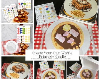 May include: Printable PDF templates for a personalized waffle box. The box features a waffle with chocolate sauce and whipped cream. The image also includes a waffle menu, order ticket, and toppings.