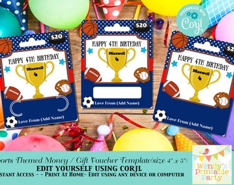 EDITABLE - Sports themed money / voucher gift card template, Corjl Edit, Instant Download, PDF & Jpeg template- all star sports day/last day