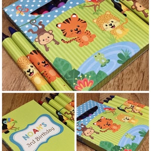 Cute Jungle Animals themed crayon box and matching crayon wrappers PDF templates. Include personalised message on the back. Great for a boy or girl jungle, explorer or craft idea school.  Includes jungle images tiger monkey parrot leopard